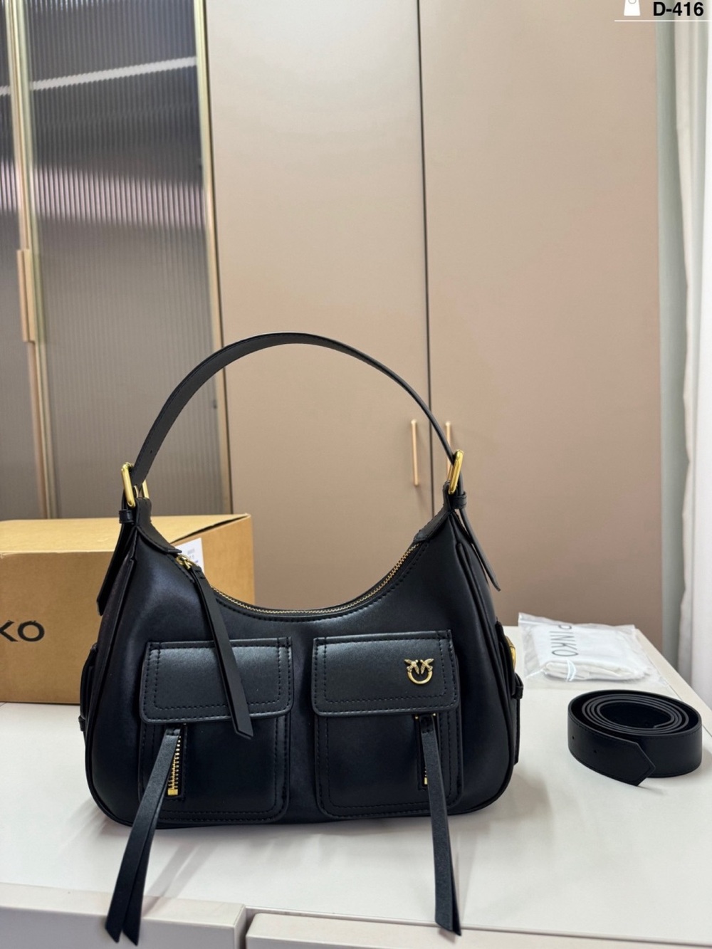 Pinko Black Leather Shoulder Bag with Front Pockets and Gold Hardware